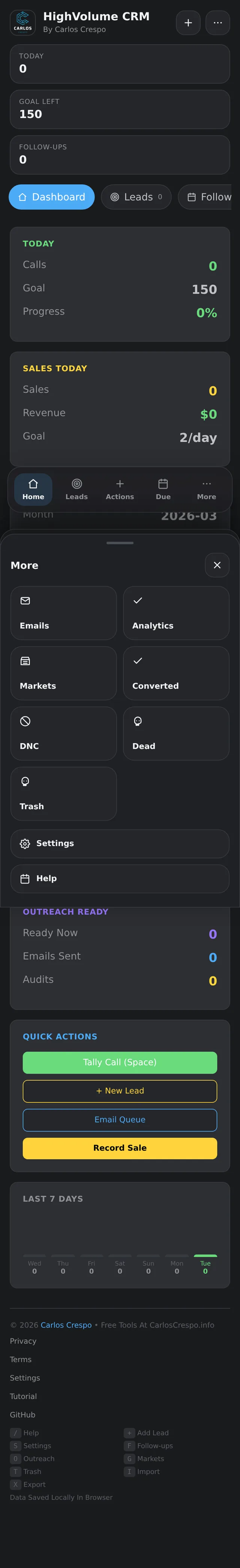 High Volume CRM App page on a mobile phone