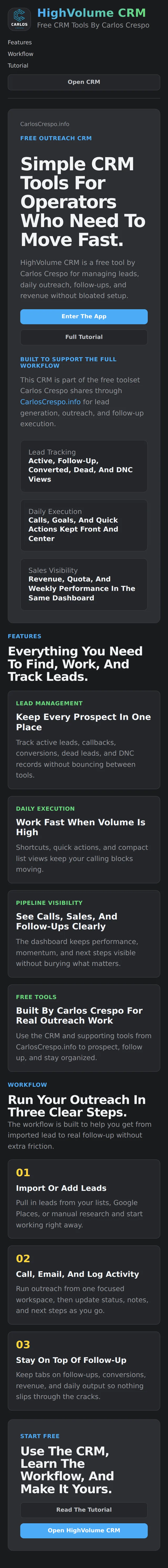 High Volume CRM Home page on a mobile phone