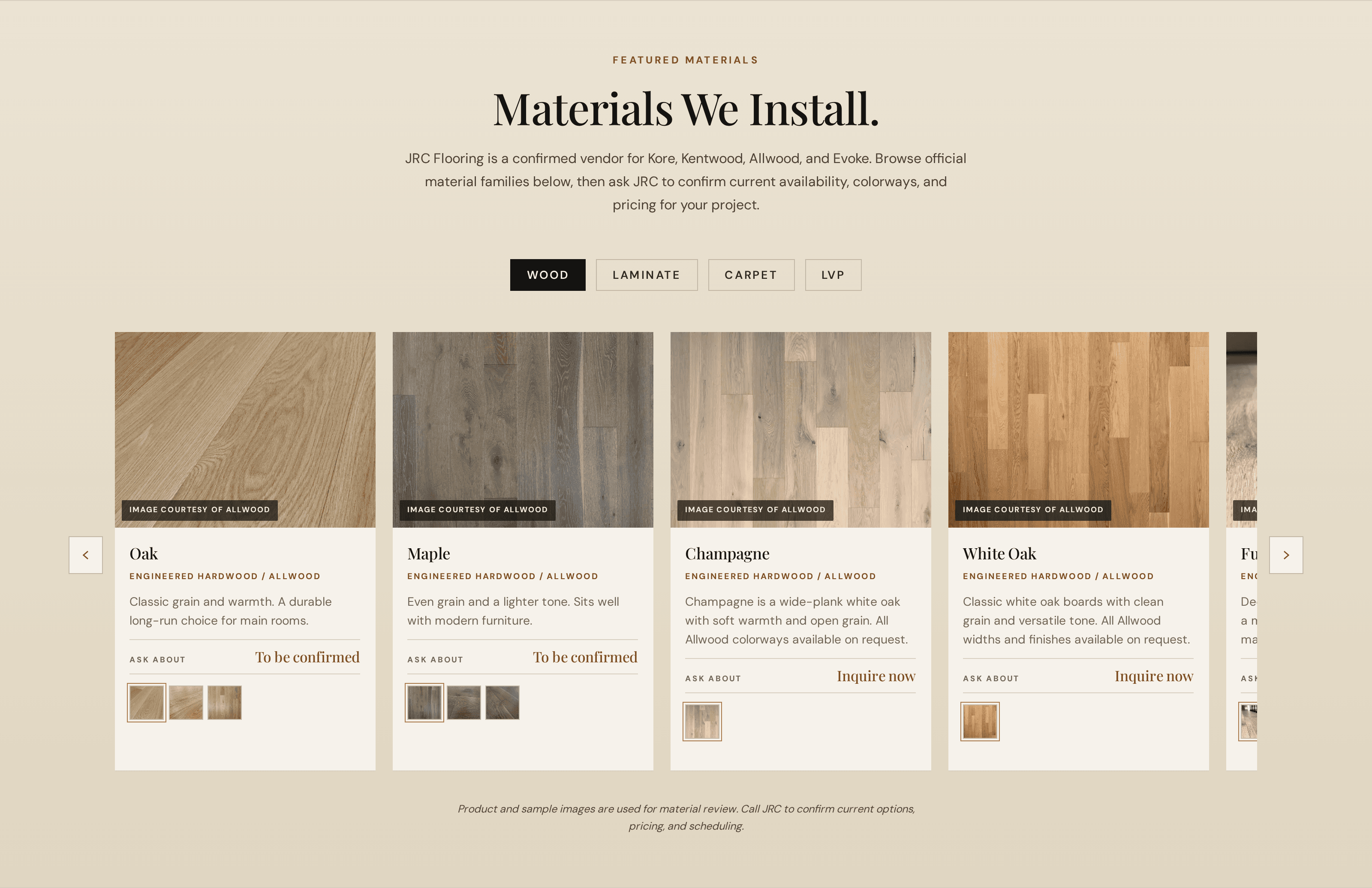 Four material cards (Oak, Maple, Champagne, White Oak) from the live site