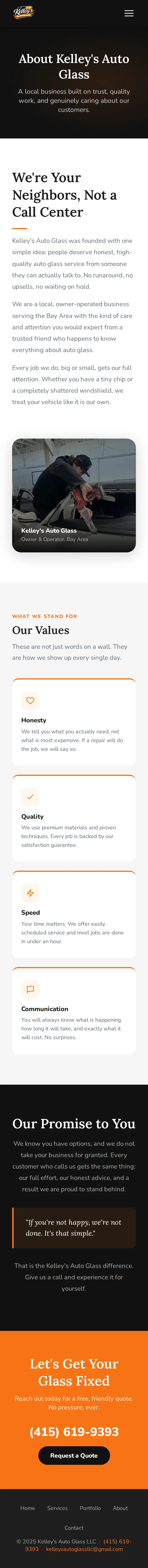 Kelley's Auto Glass Repair About page on a mobile phone