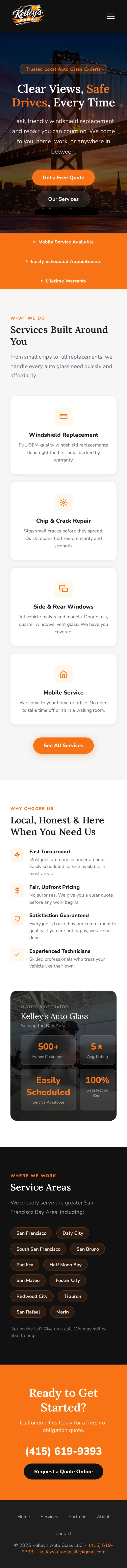 Kelley's Auto Glass Repair Home page on a mobile phone