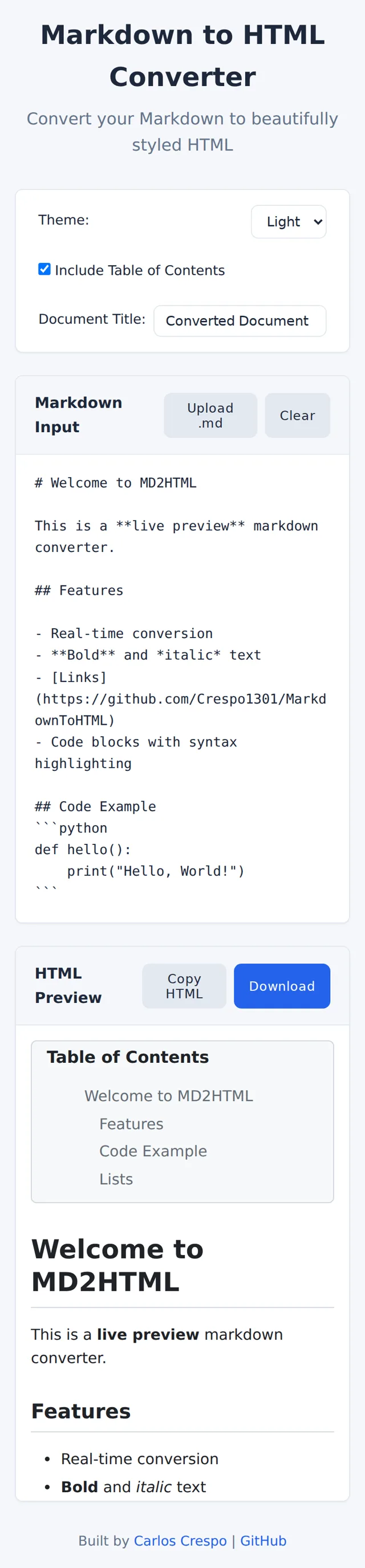Full mobile page for Markdown To HTML Converter