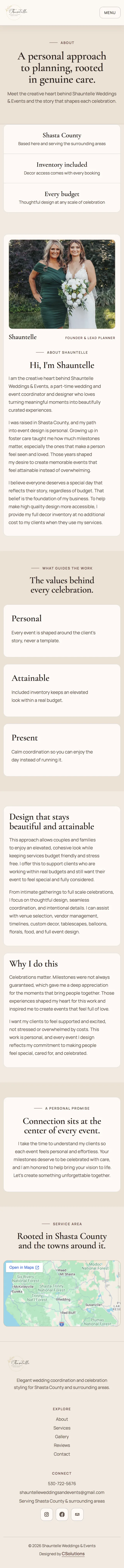 Shauntelle Weddings & Events About page on a mobile phone